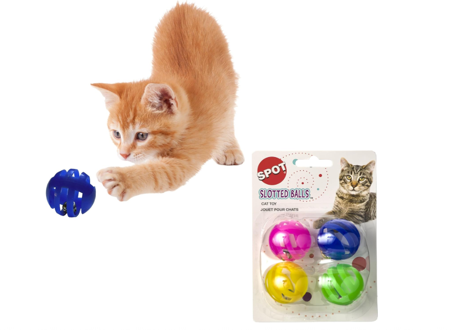 SPOT Slotted Balls Cat Toy - Interactive Cat Toys for Indoor Cats to Chase, Hunt and Stimulate - Jingle Bell Inside for Sound When Batted Around - Safe and Non-Toxic - 1.5" Assorted 4-Pack